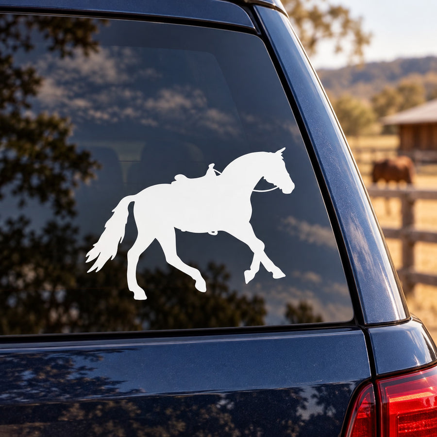 White horse canter decal on car window, horse silhouette facing right