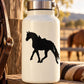 Saddled horse climbing decal sticker, black horse silhouette on clear background