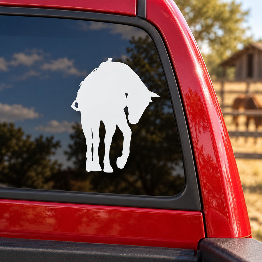 Horse kicking ground decal with white silhouette on car window