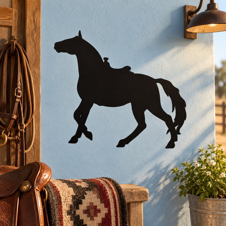 Saddled horse looking forward vinyl decal, dark silhouette