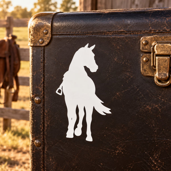 Horse silhouette look decal with white outline on dark brown backing