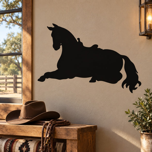 Resting horse silhouette decal with saddle, black wall sticker