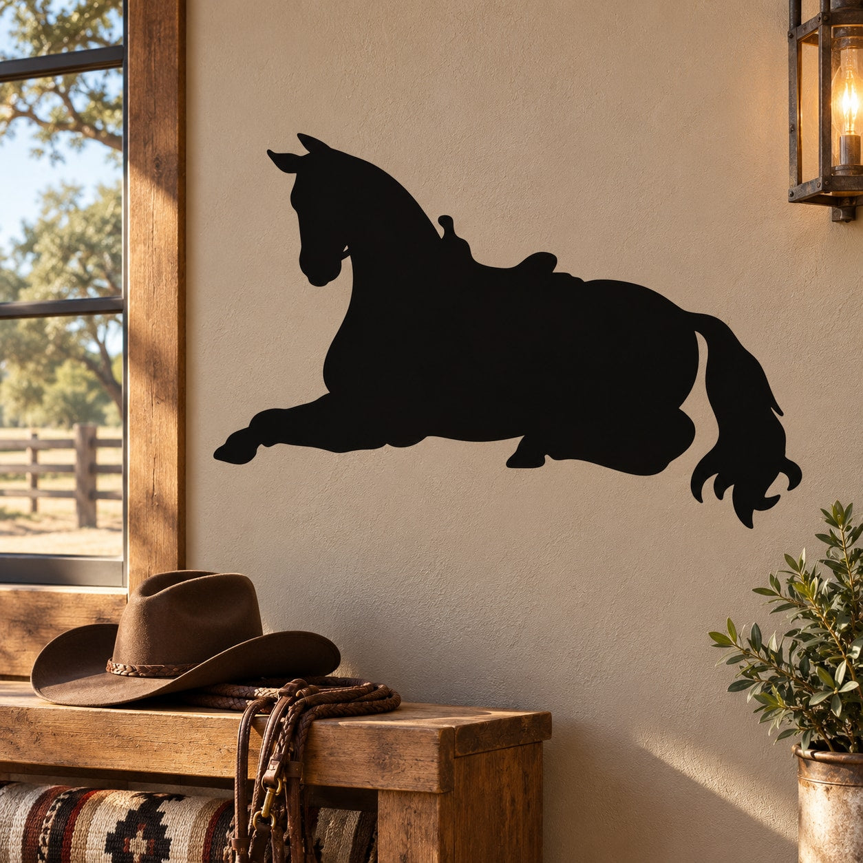 Resting horse silhouette decal with saddle, black wall sticker