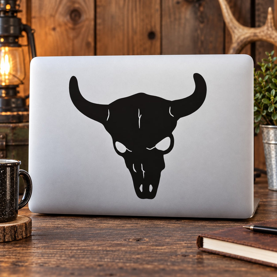 Black longhorn skull vinyl decal graphic with horns and nose details