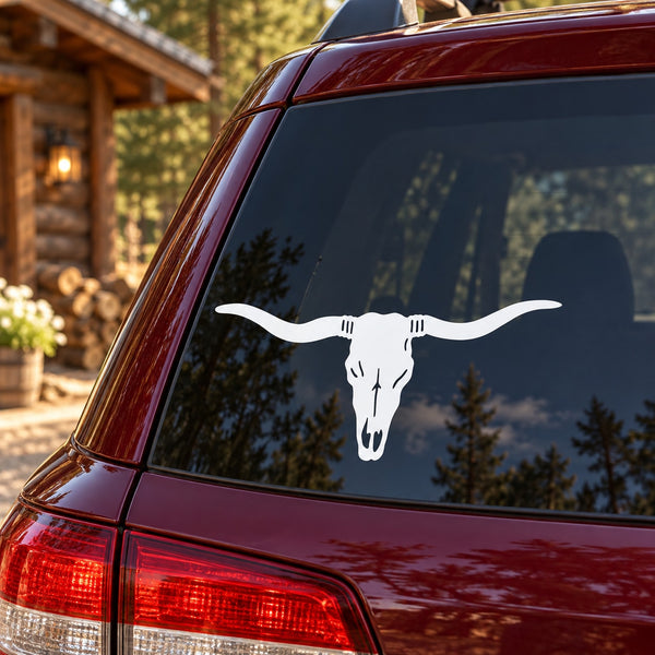 White longhorn skull vinyl decal on car rear window