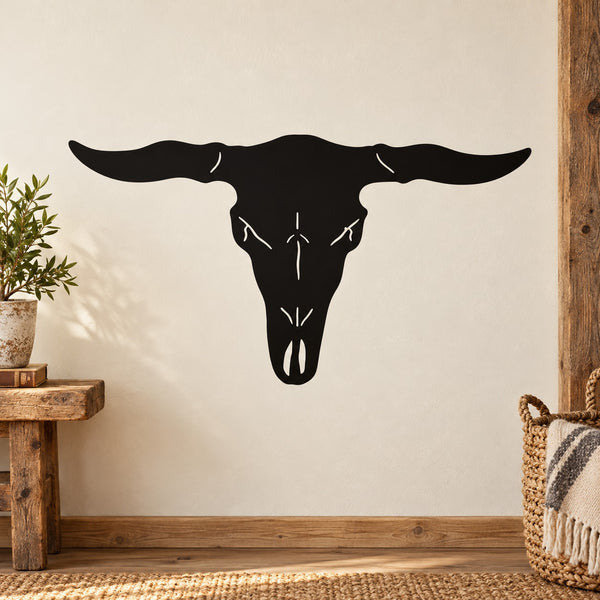 Black longhorn skull wall vinyl decal with detailed horns and face