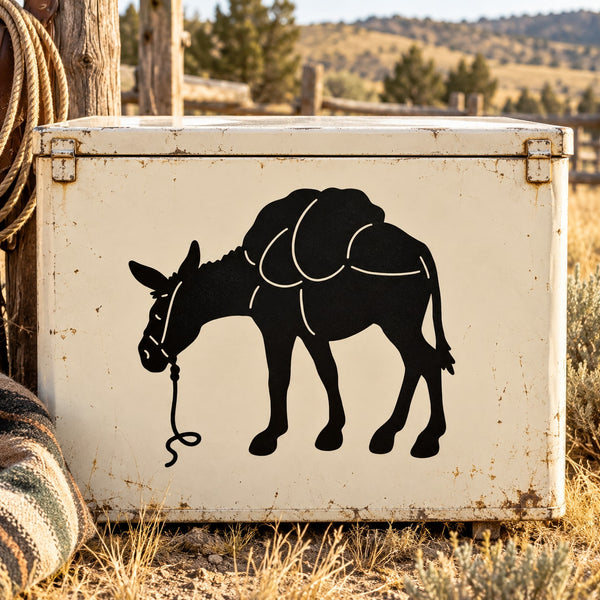 Packed mule decal with black mule silhouette and rope outline