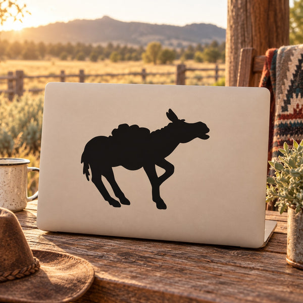 Calling mule decal with black mule silhouette on white backing