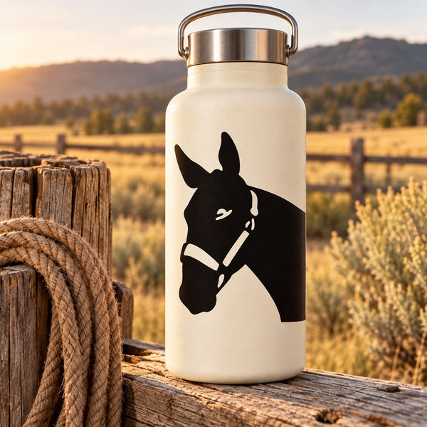 Black mule head silhouette decal with small eye and bridle details