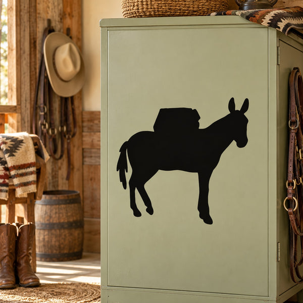 Black mule silhouette decal with raised head, rustic style