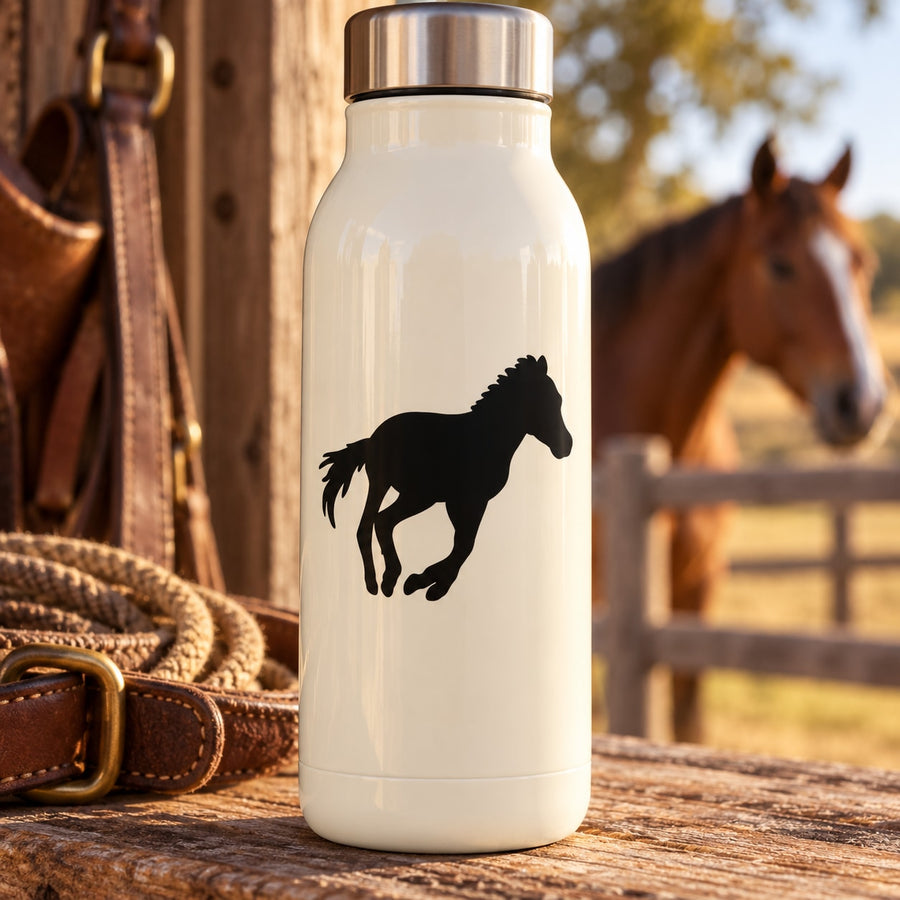 White water bottle with black running pony decal