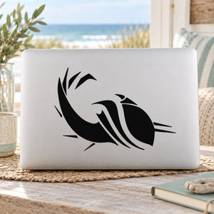 Abstract whale swimming decal, black and white whale graphic on a rectangular sticker