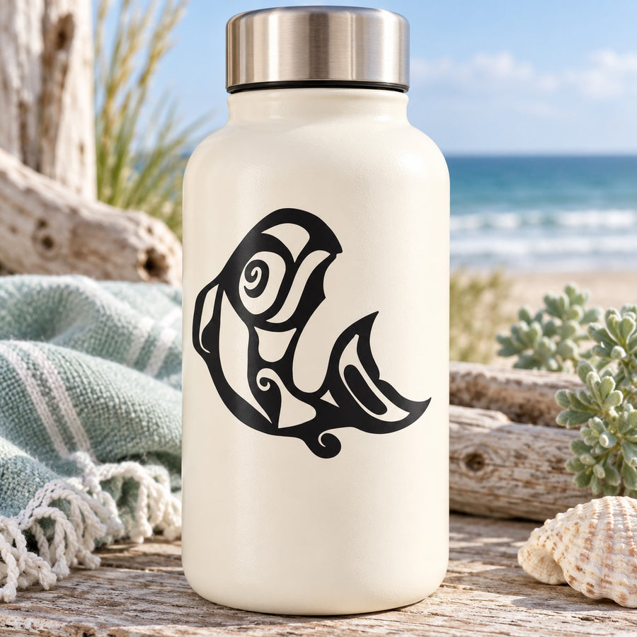 Black whale decal sticker with Alaskan-style outline for bottle