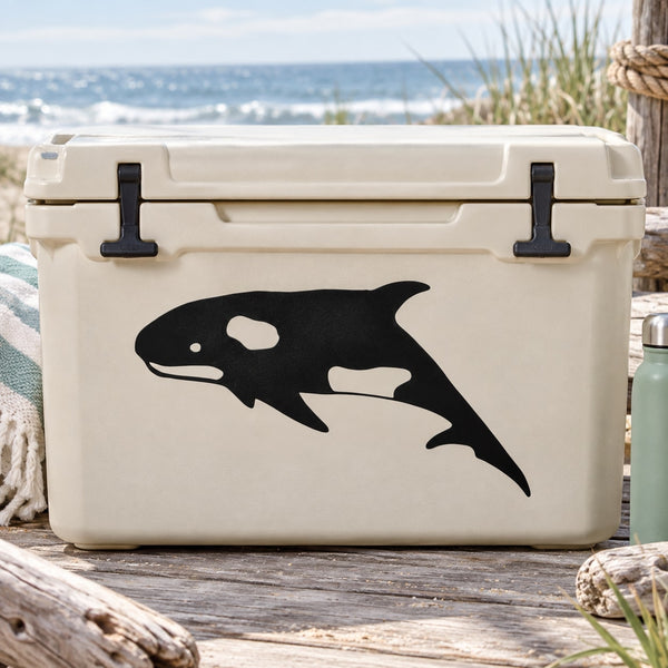 Black killer whale decal sticker with white eye and belly patch