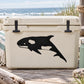 Black killer whale decal sticker with white eye and belly patch