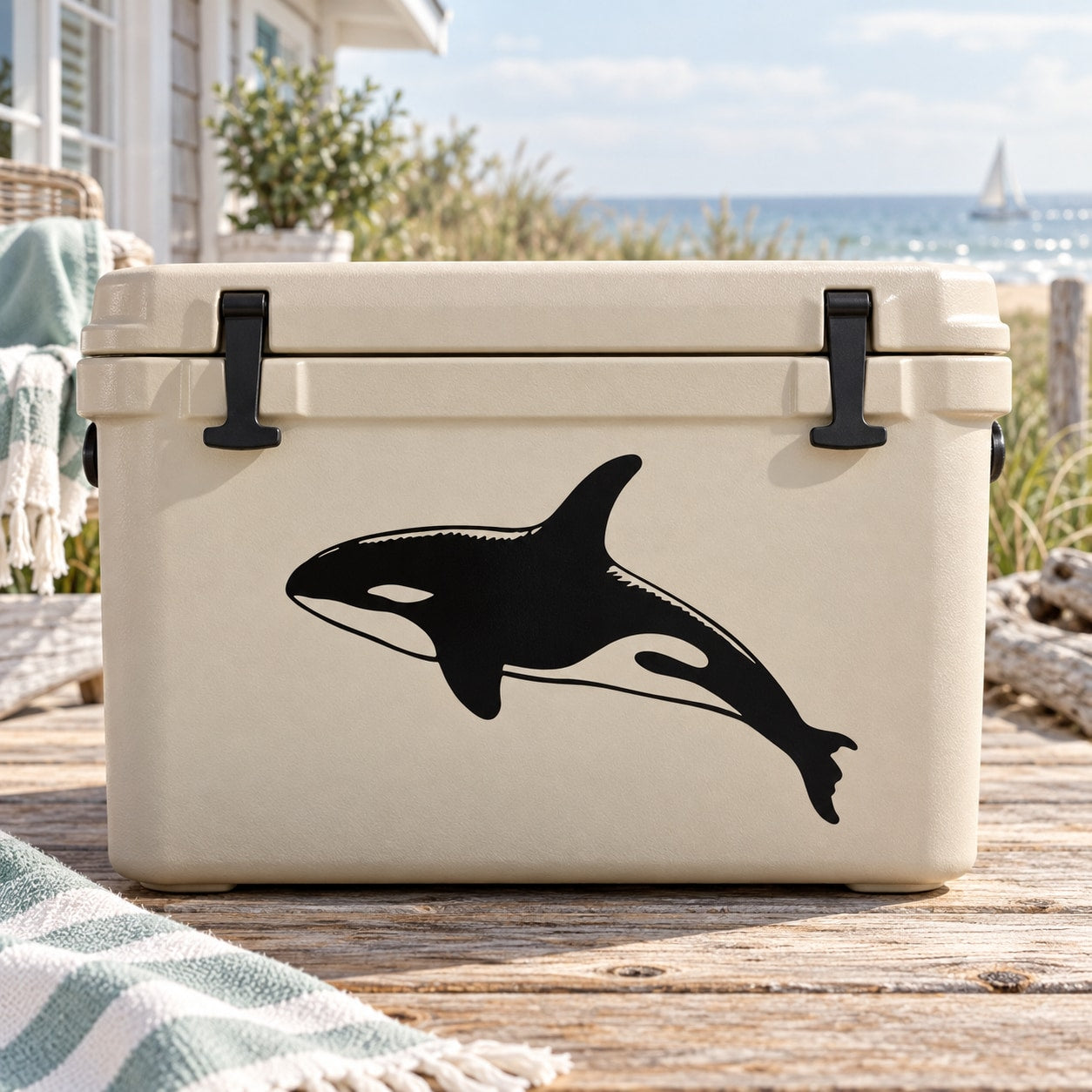 Swimming killer whale decal with black orca graphic on light surface