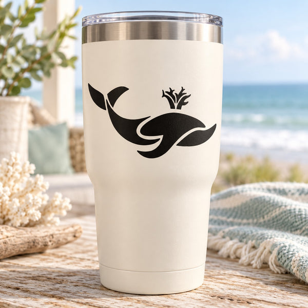Black whale spouting water decal with small plant details, for smooth surfaces