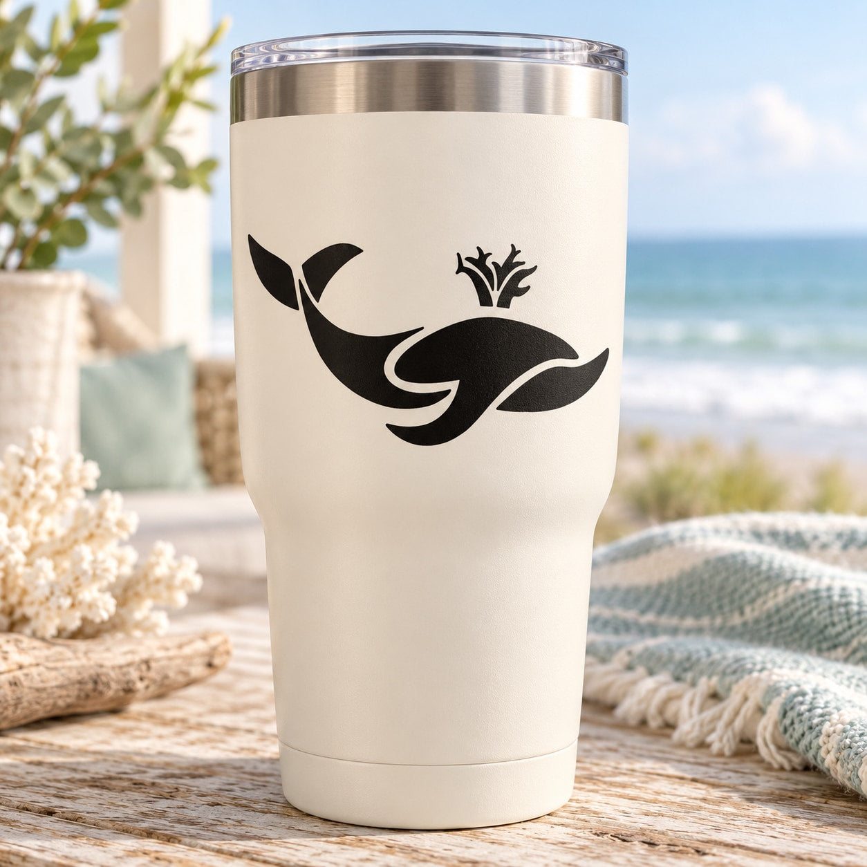 Black whale spouting water decal with small plant details, for smooth surfaces