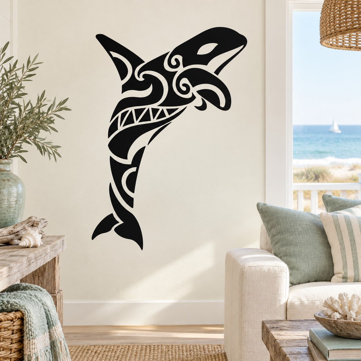 Black tribal orca whale wall decal with stylized swirl details