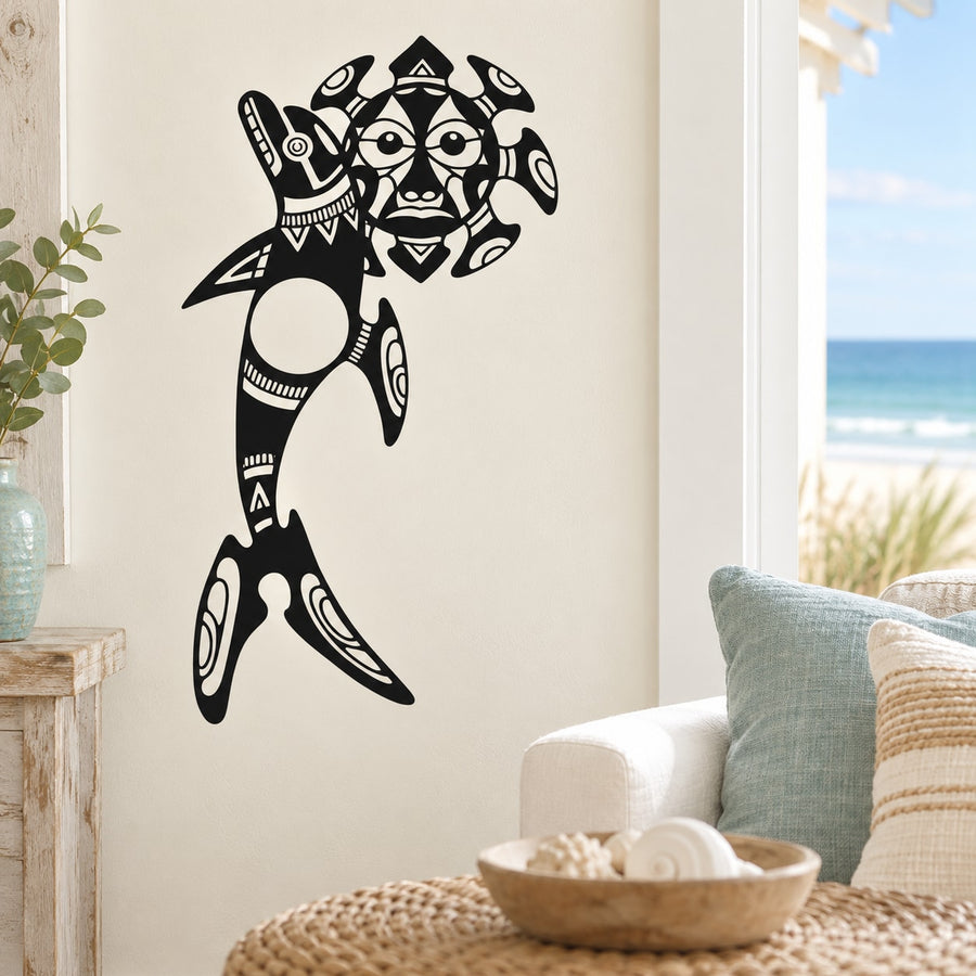 Black tribal dolphin wall decal with bold line art