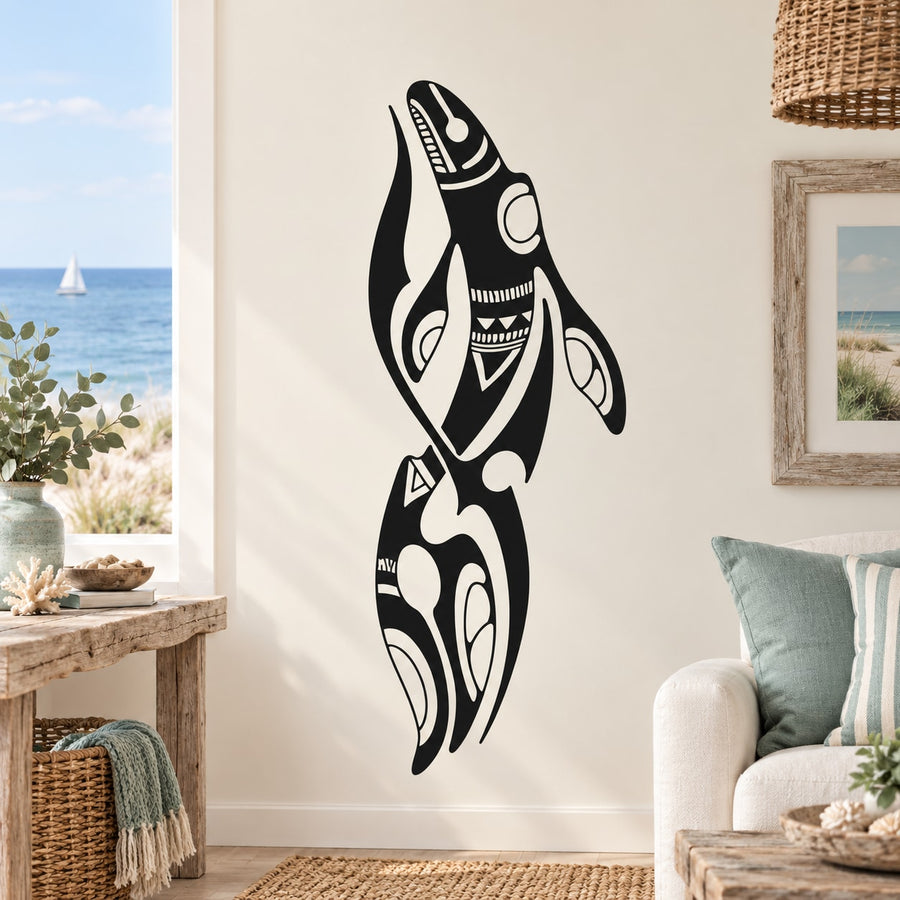 Tribal blue whale decal sticker, black whale design on indoor wall