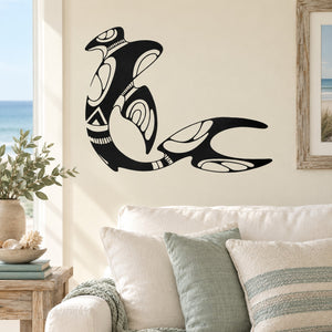 Tribal whale wall decal with black and white patterned fin and tail