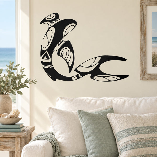 Tribal whale wall decal with black and white patterned fin and tail