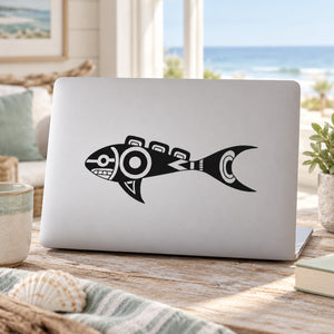 Tribal side fish decal, black tribal fish design on laptop lid
