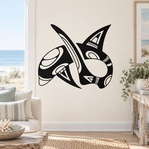 Tribal shark wall decal, bold black graphic with stylized fins and whiskers
