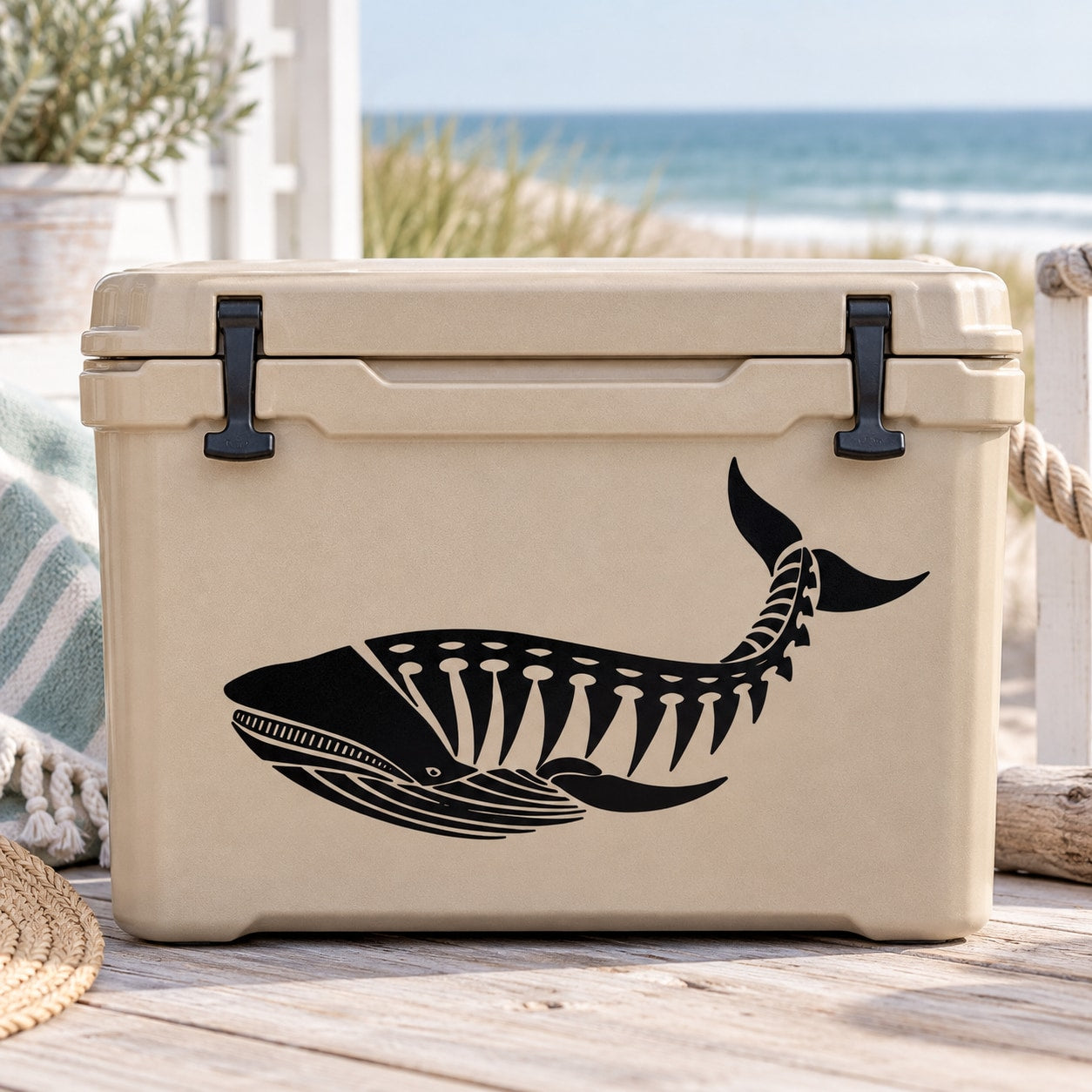 Black whale bones decal with stylized skeleton design