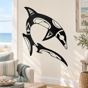Black tribal orca whale wall decal with stylized tribal lines and fluked tail