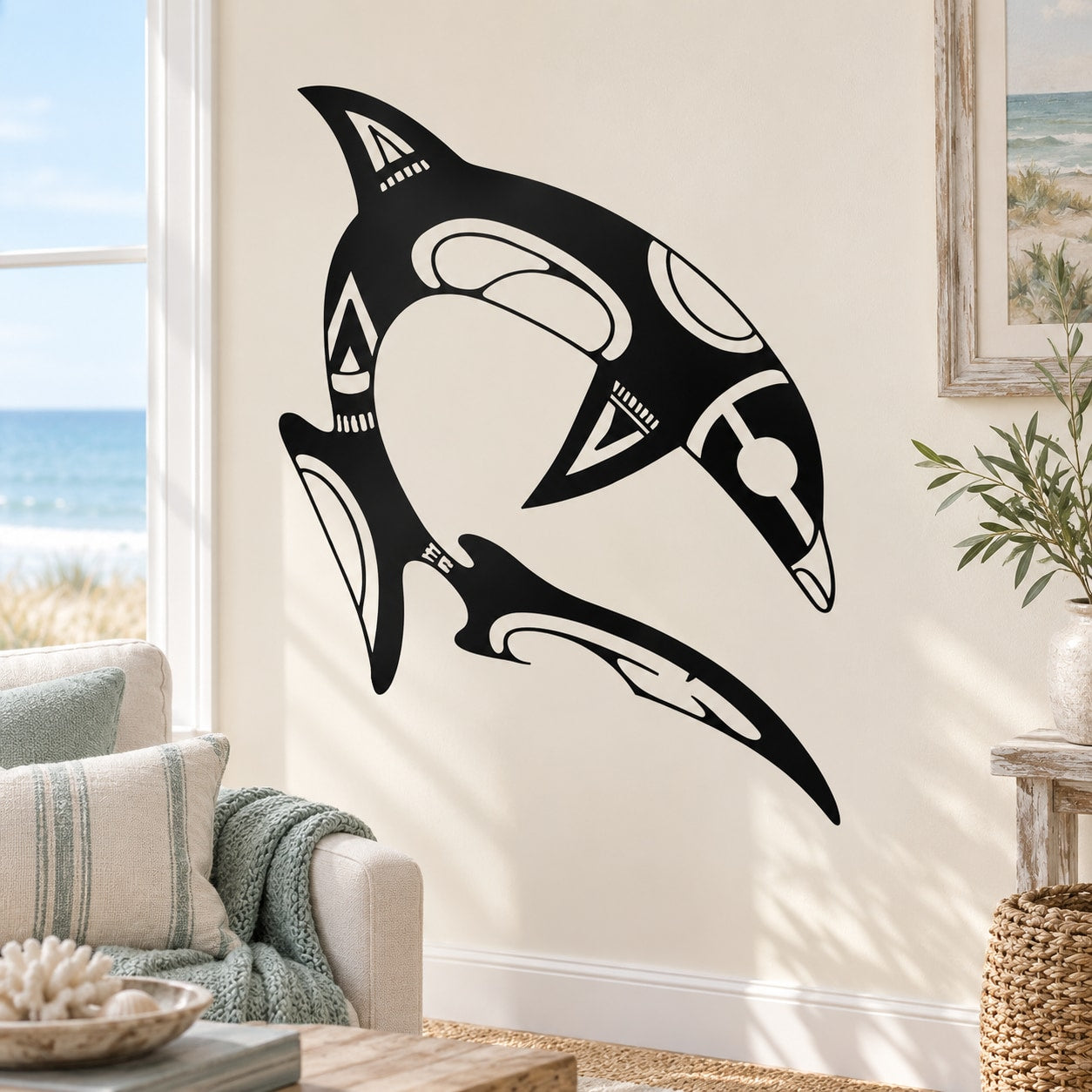 Black tribal orca whale wall decal with stylized tribal lines and fluked tail