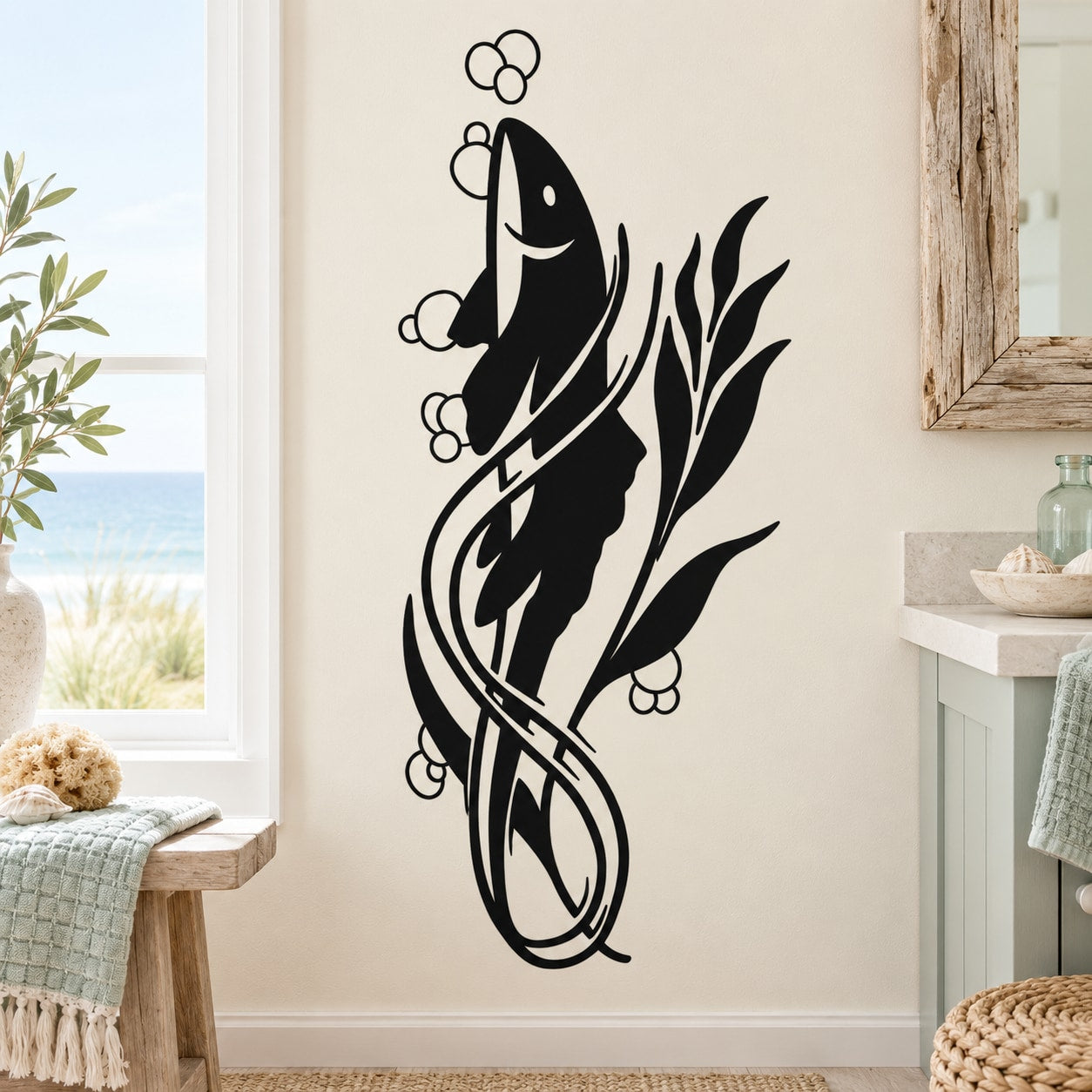 Black whale and seaweed wall decal with bubble accents