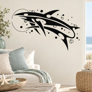 Abstract whale and moon wall decal, black and white silhouette with dots