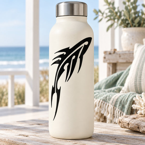 Abstract blade whale decal on a white water bottle with a silver cap