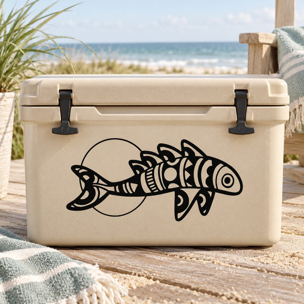 Beige hard cooler with black fish decal