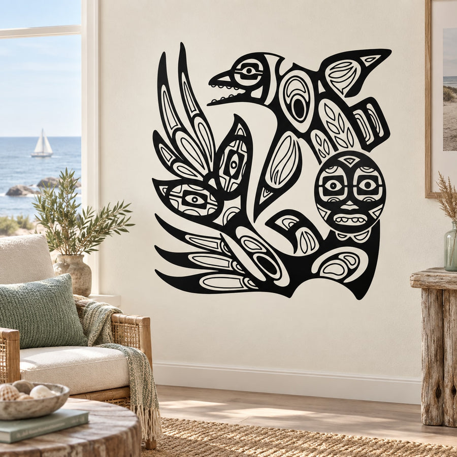 Black whale wall decal with stylized fish and sea life illustrations