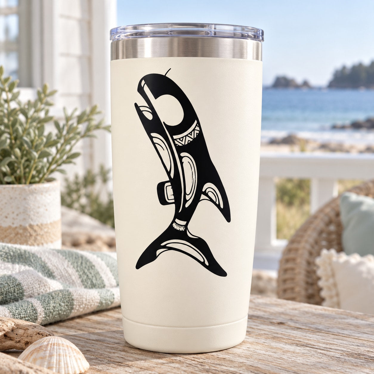 Black Native Alaskan whale decal sticker on white tumbler