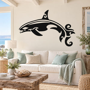 Black and white orca whale wall decal with decorative tail and swirl accents