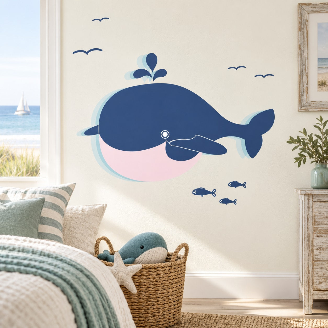 Whale-themed sticker kit with large blue whale and small fish decals