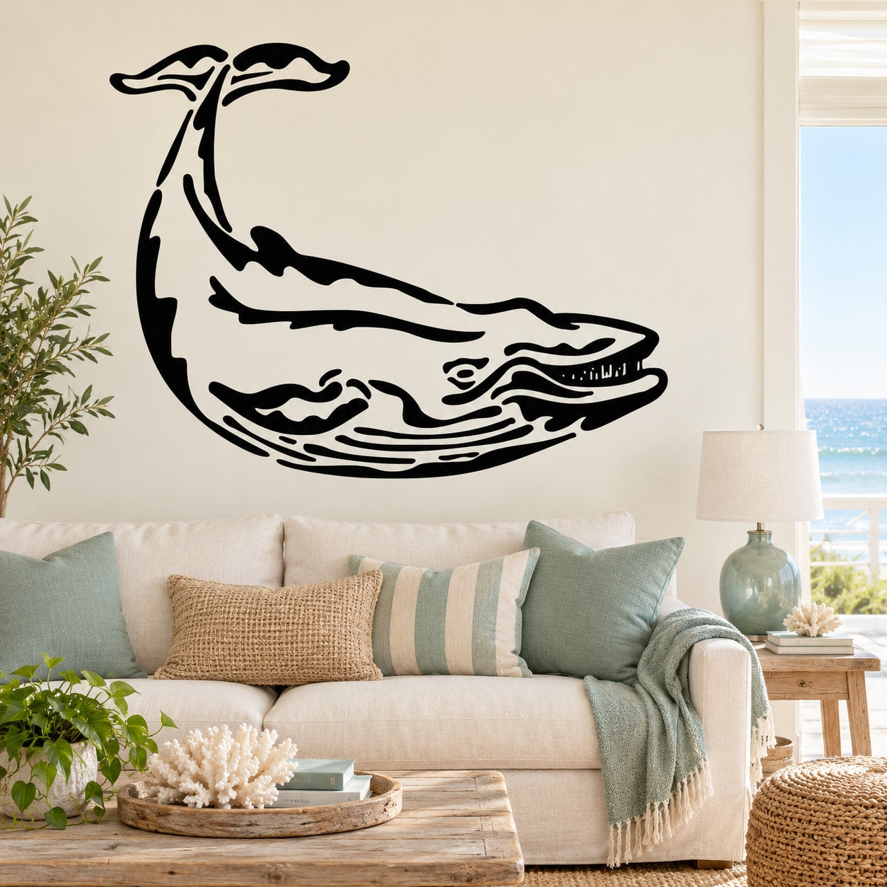 Smiling humpback whale wall decal, black outline