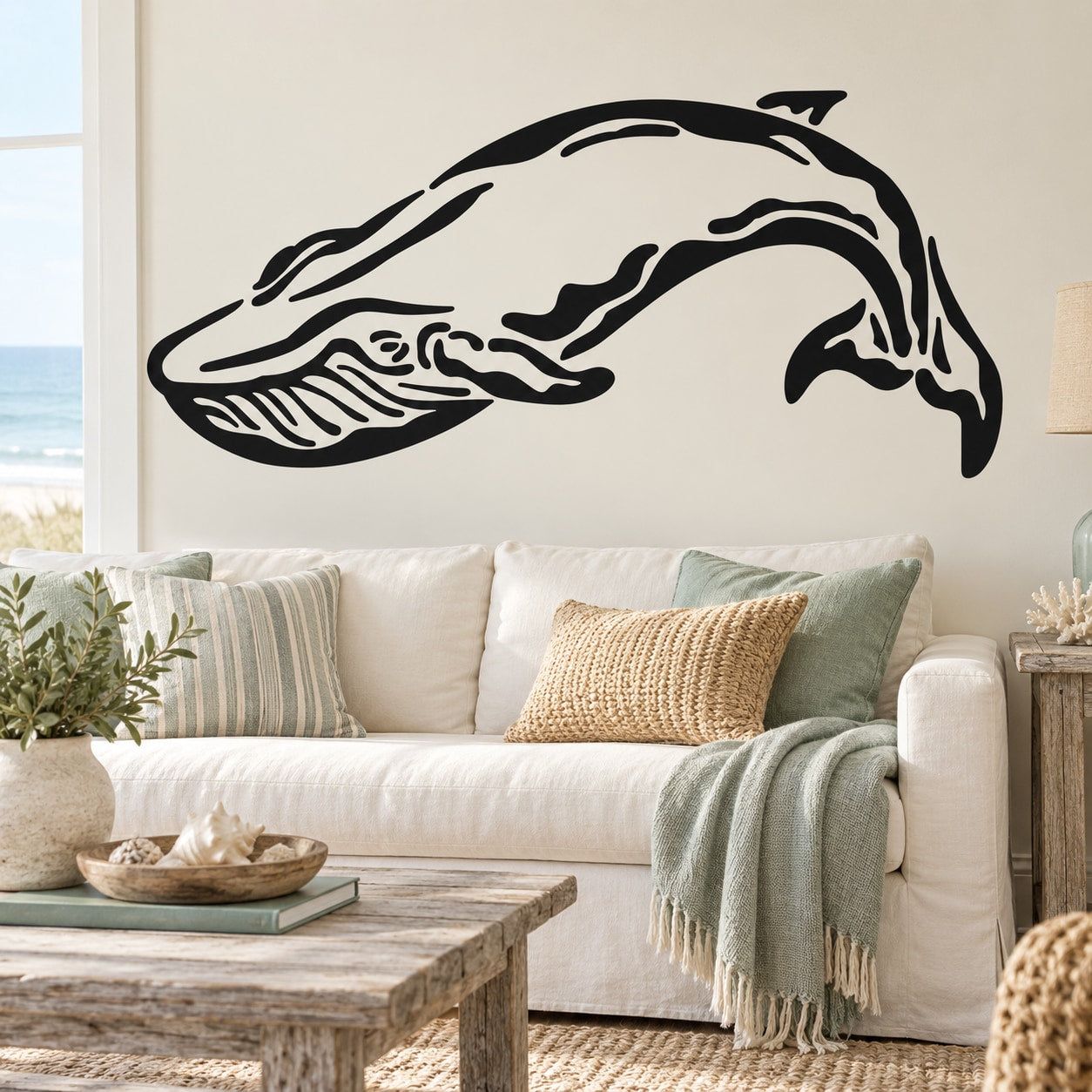 Flipping whale line-art wall decal, black