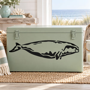 Chubby whale decal sticker, black whale on pale green storage box