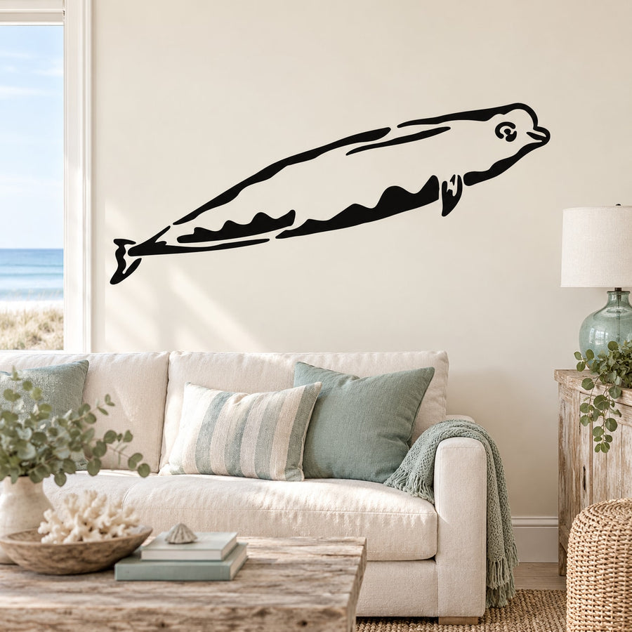Happy beluga whale wall decal, black silhouette with smiling face and flipper details