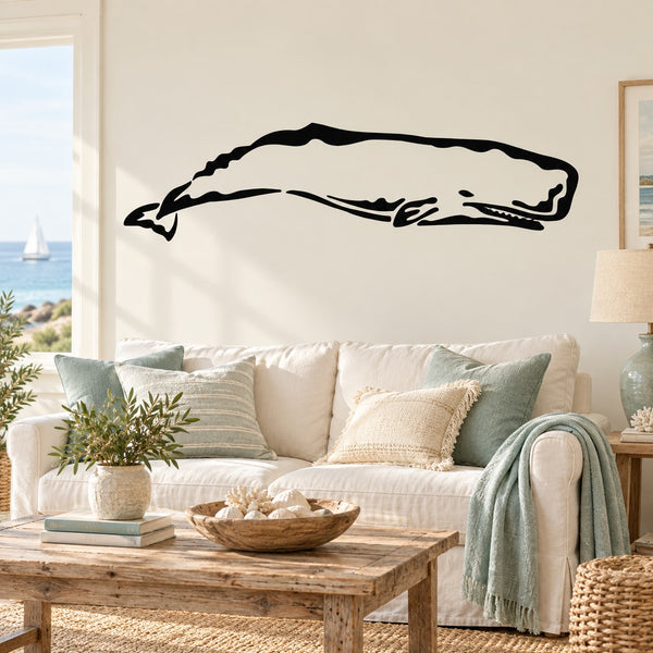 Sperm whale wall decal with black outline and white body