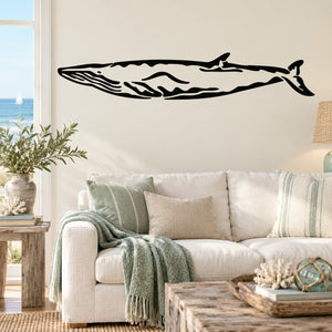 Fin whale wall decal, black and white illustration with flowing stripe lines