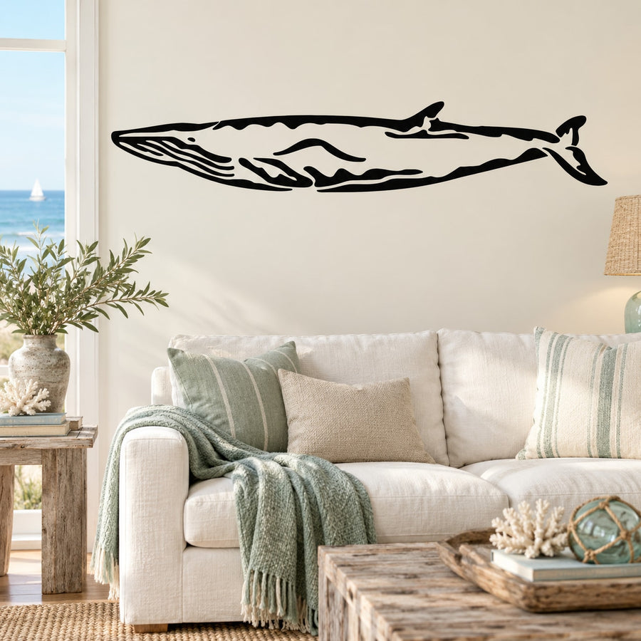 Fin whale wall decal, black and white illustration with flowing stripe lines