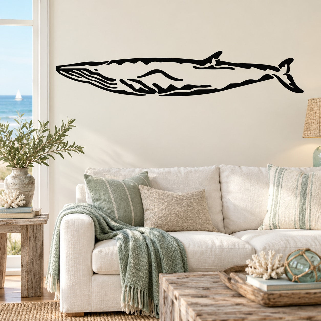 Fin whale wall decal, black and white illustration with flowing stripe lines