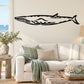 Fin whale wall decal, black and white illustration with flowing stripe lines