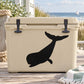 Black diving beluga whale decal sticker on a beige cooler